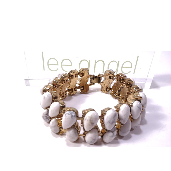 Neiman Marcus Lee Angel Howlite Teardrop Brass Link Bracelet NWT 298 - Picture 1 of 11